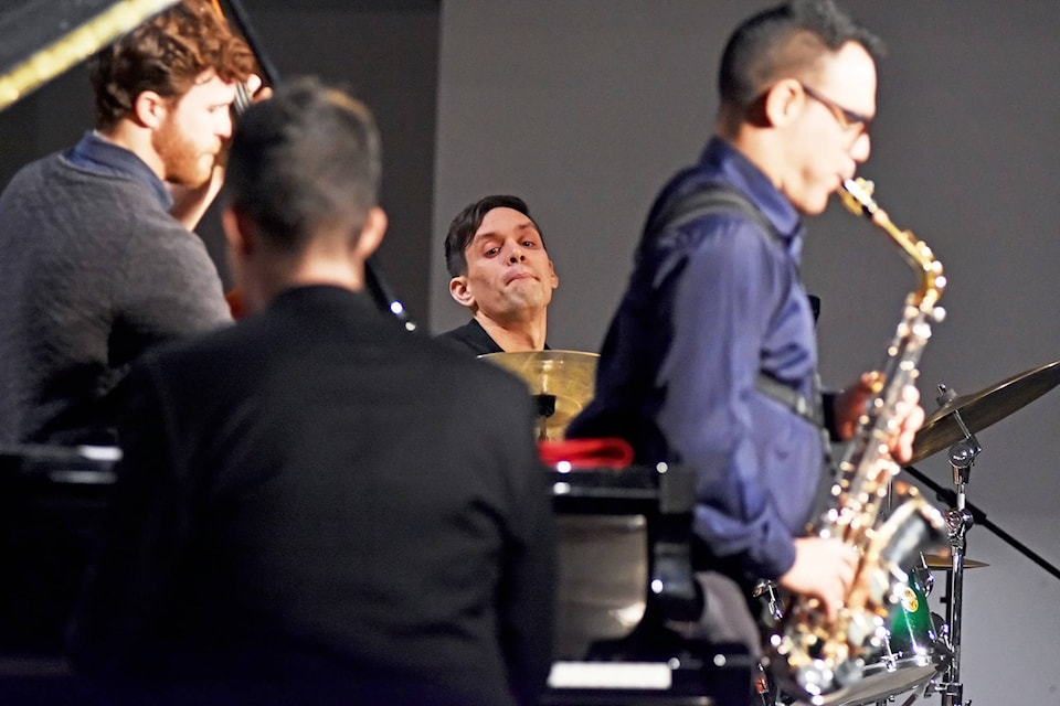 Percussionist Ethan Ardelli leads his quartet, with Louis Deniz on saxophone, Chris Donelly on piano and Devon Henderson on bass, in a concert presented by the Salmon Arm Jazz club at the Nexus in the First United Church on Thursday, Nov. 8. (Lachlan Labere/Salmon Arm Observer)