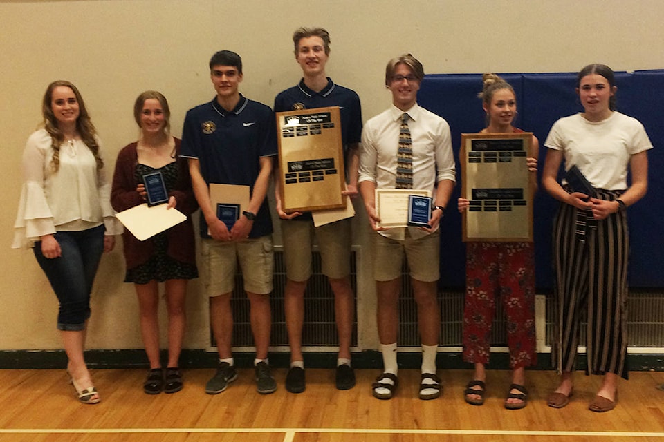 High school grad athletes Julia Anderson (left), Kate Milne, Alton Neid, Gavin Limber, Chase Henning, Taylen Hryniw and Maggie Beckner at Salmon Arm Secondary’s Sports Gala on Wednesday, June 5. (Submitted)
