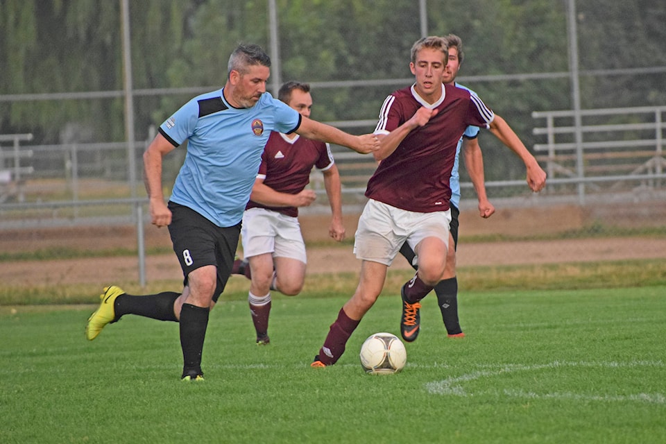 David Knight, co-captain and team manager of the Hideaway Beer Badgers, prepares to take a shot during a 4-1 win over OKG from Vernon in the NOSL Men’s Outdoor League semi-final Aug. 21 at Blackburn Park in Salmon Arm. Knight scored two goals. (Martha Wickett/Salmon Arm Observer)