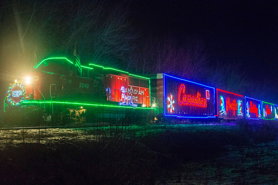 The CP Holiday train leaves Sicamous on its way to Stops in Canoe, Salmon Arm and Notch Hill on Saturday, Dec. 14. (Jim Elliot/Eagle Valley News)