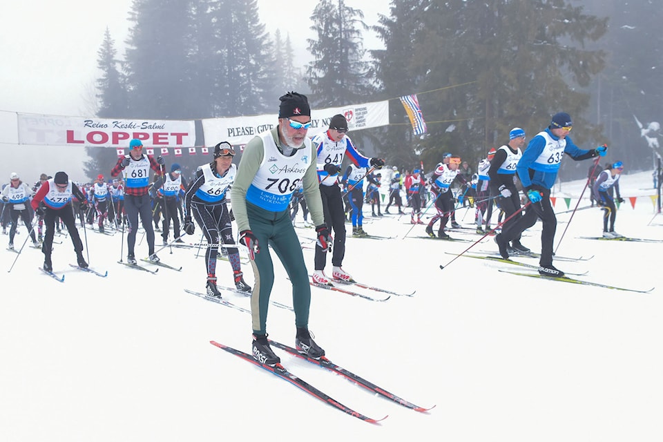Garry Mitchell from the Sovereign Lake Nordic club takes off from the starting line at the Reino Keski-Salmi Loppet 2020 hosted by the Larch Hills Nordic Society on Saturday, Jan. 25, 2020. (Cameron Thomson - Salmon Arm Observer)