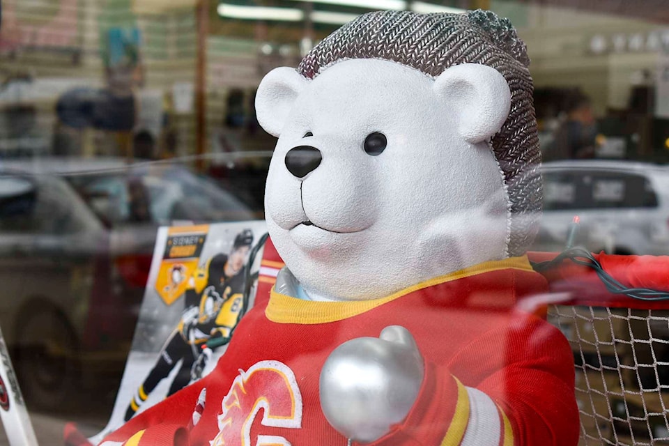 A polar bear wearing a Calgary Flames jersey sits in the front window of Shuswap Clothing & Shoe Company in downtown Salmon Arm on Saturday, Feb. 29, 2020. (Cameron Thomson - Salmon Arm Observer)