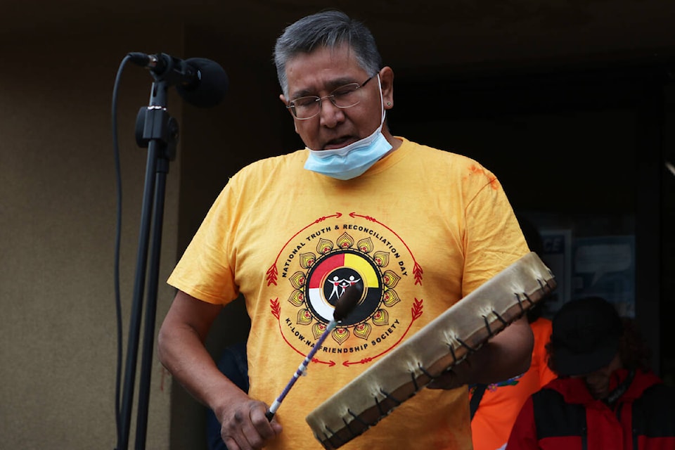 Arnold Akachuk performs a drum song outside of the Ki-Low-Na Friendship Society on Sept. 29 during the group’s ceremony that honoured the inaugural National Day for Truth and Reconciliation on Sept. 30. (Aaron Hemens/Capital News)