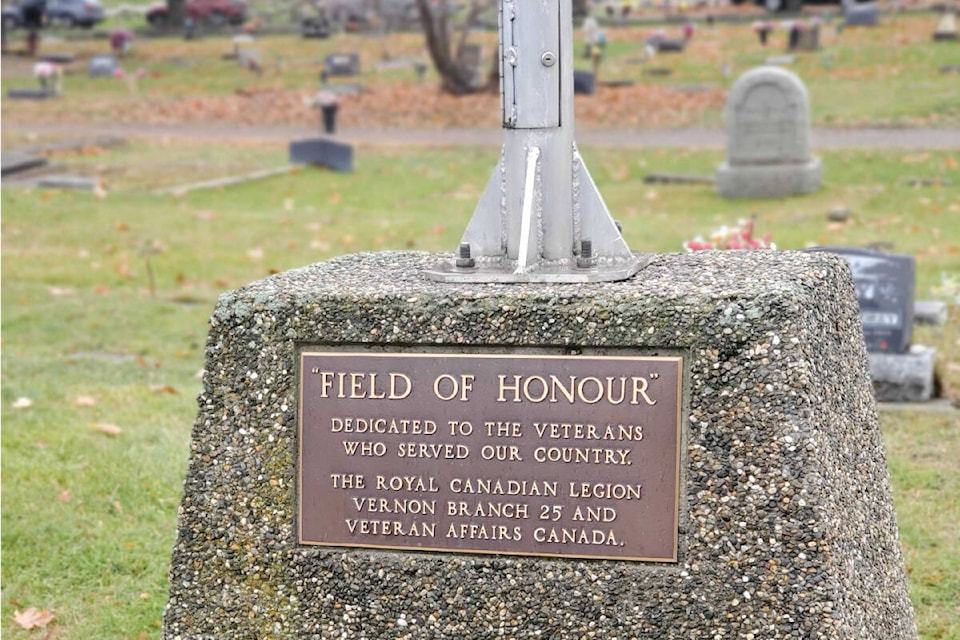 The Field of Honour Cenotaph at Vernon’s Pleasant Valley Cemetery hosted the annual No Stone Left Alone ceremony, which sees Vernon school students place poppies at the gravesites of veterans. (Roger Knox - Morning Star)