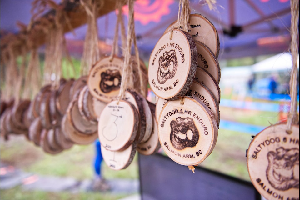 The coveted Salty Dog Enduro medals wait to be awarded at the South Canoe Trails on Sunday, May 15, 2022. (Lachlan Labere-Salmon Arm Observer)