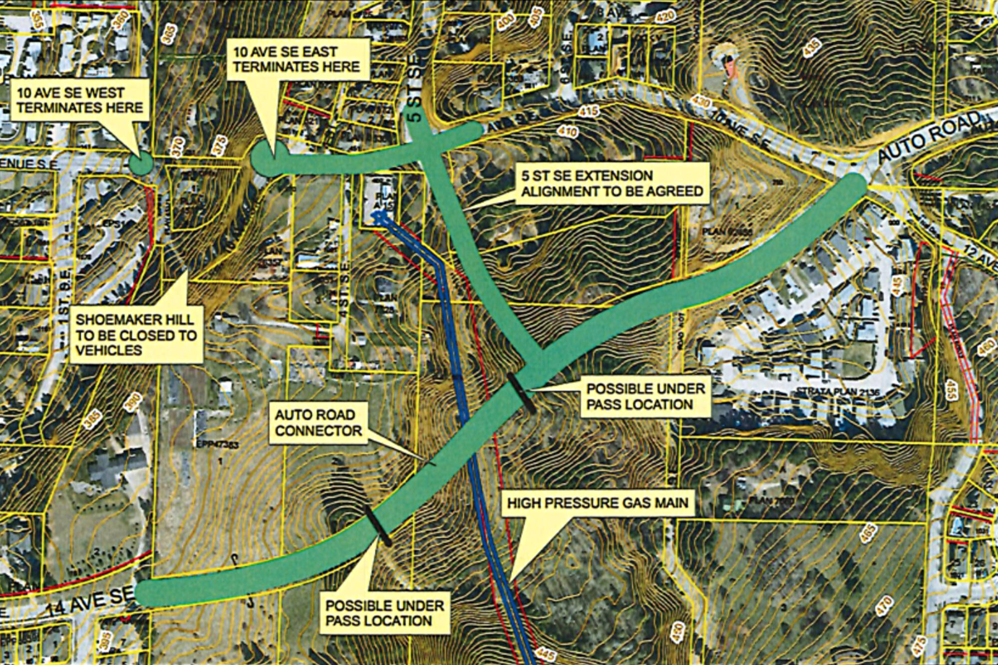 A city map shows proposed changes to facilitate the Auto Road Connector which include closing steep, winding Shoemaker Hill on 10th Avenue SE and connecting Auto Road to 14th Avenue SE. (City of Salmon Arm image)