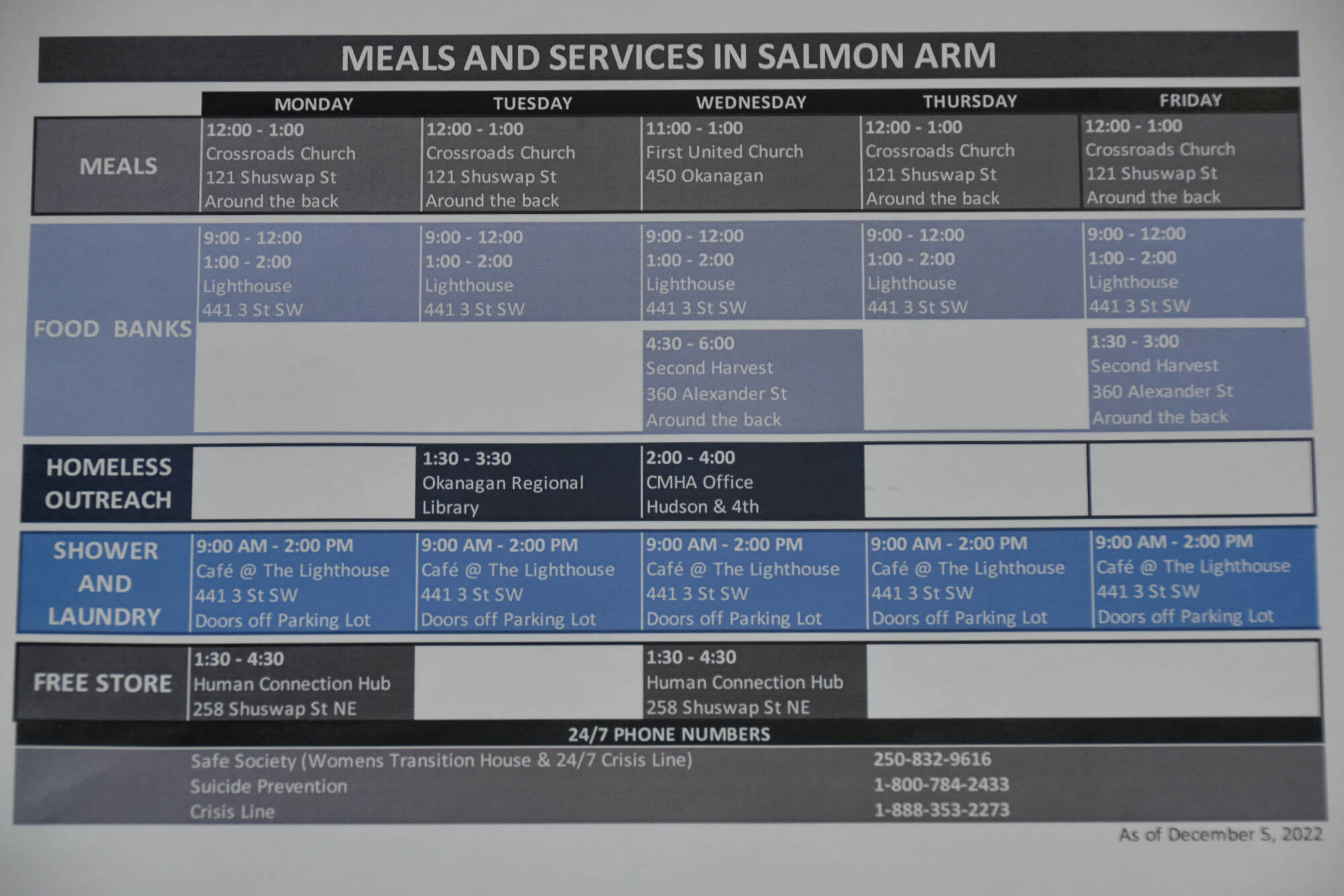 This calendar shows where meals and services can be found in Salmon Arm for people who need them. (Martha Wickett-Salmon Arm Observer)