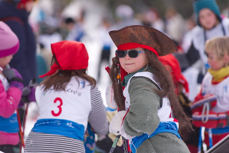Sage Peden and fellow buccaneers from Bastion Elementary School get ready to head out for the Larch Hills Pirate Loppet on Friday, Feb. 3, 2023. (Lachlan Labere-Salmon Arm Observer)