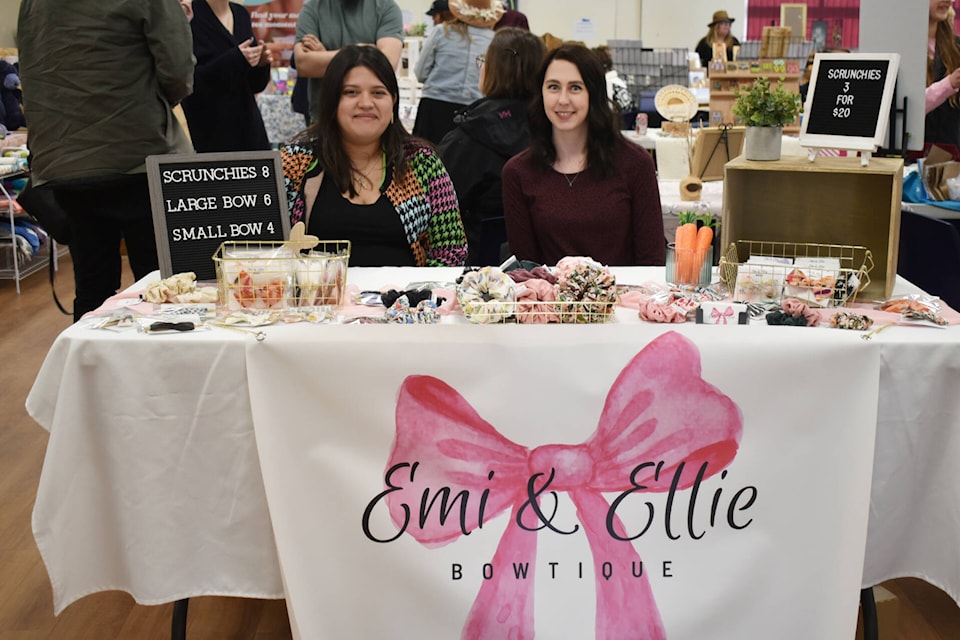 Chelsea Hope and her friend sell hair bows and scrunchies under the name Emi and Ellie Bowtique, named after Hope’s daughters. (Rebecca Willson/ Salmon Arm Observer)
