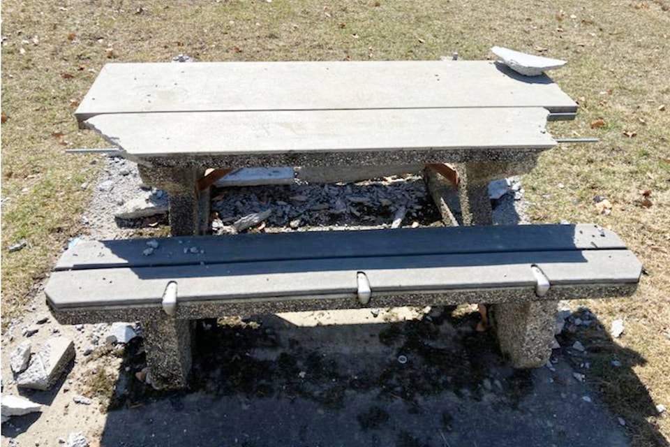 The picnic table that was vandalized at Parkview Elementary School in Sicamous over the March break. (SD 85 Operations department photo)