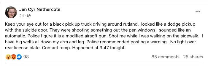 A post to the Kelowna Alert Facebook group the evening of April 28, 2023. (Facebook)