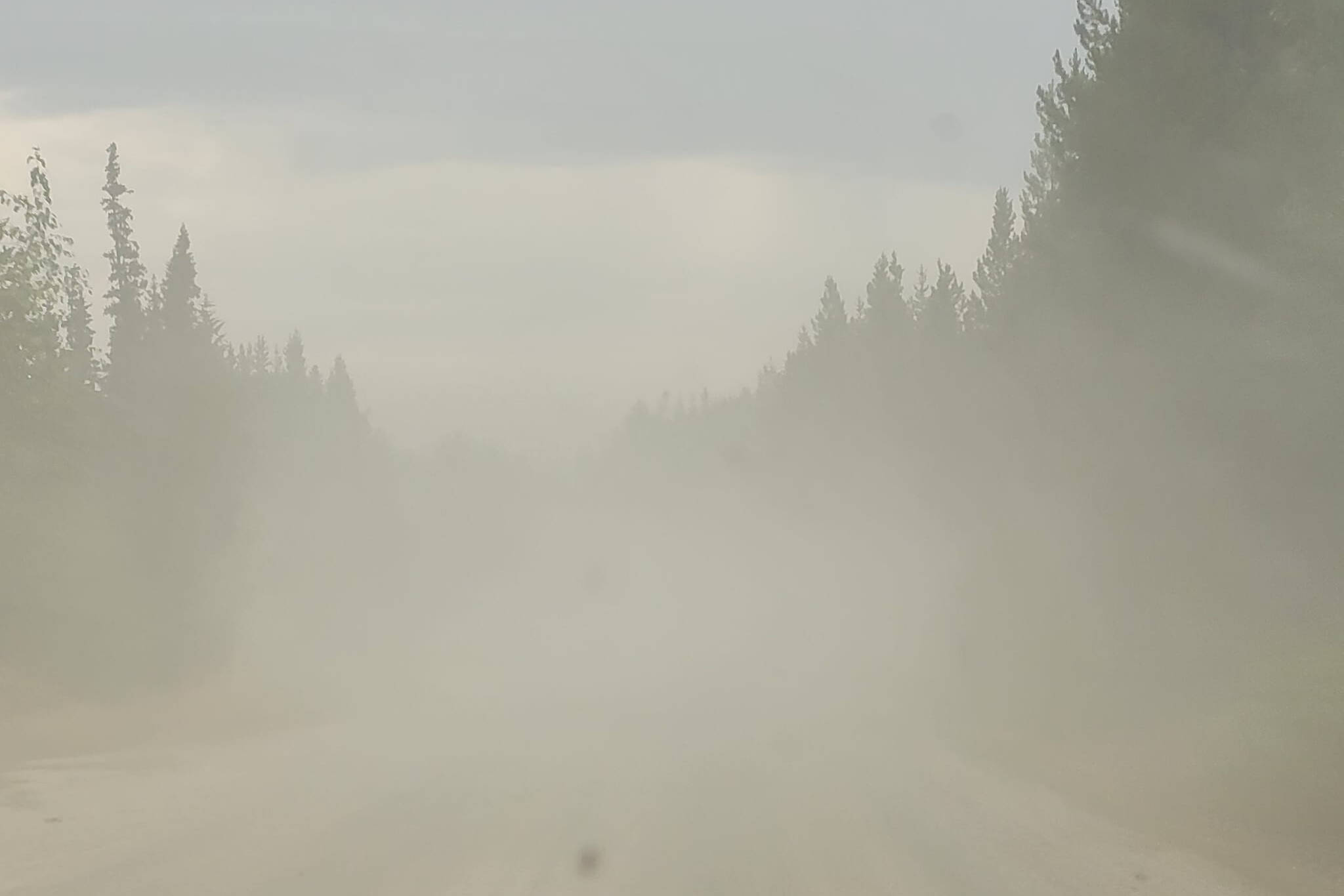 Many are taking the 201 Forest Service Road up Carmi and to Kelowna as a detour from the Summerland rock slide but many are saying the dust is making visibility very poor as seen here on Tuesday, Aug. 29. (Kathy Johnson Evasiuk Facebook)