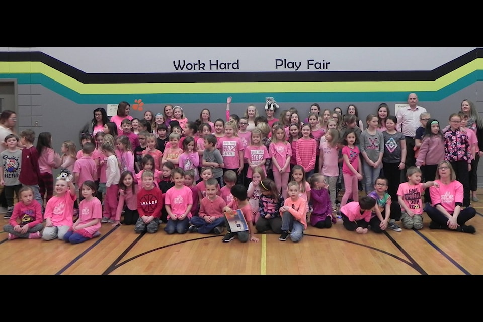 Students and staff at Eckville Elementary School wearing pink on Feb. 27 in support of Pink Shirt Day. Photo Courtesy of Eckville Elementary School.