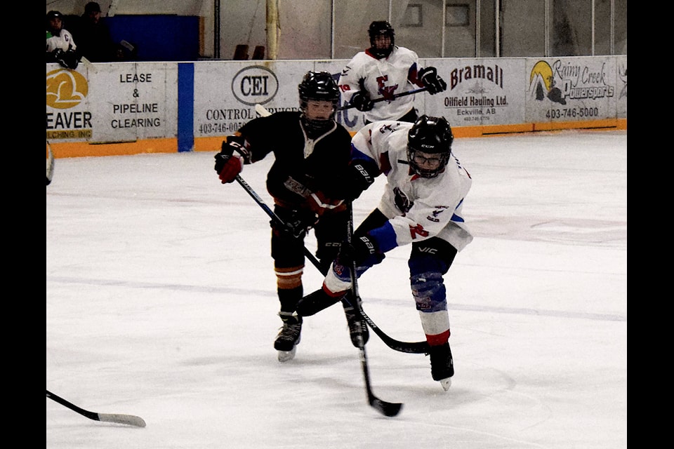 Griffen Thomas releases a shot on the Rimbey goal during the Dec. 14 matchup at the Eckville Arena. The Peewee Eagles fell 8-6 to Rimbey on Saturday afternoon. Photo by Kaylyn Whibbs/Eckville Echo