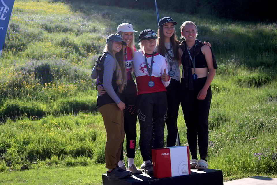 The top five U17 Women from left, Maggie Sutherland, Caileigh Koppang, Tayte Proulx-Royds, Cameron Bragg and Jenna Foreman. Three of the bikers outpaced Vaea Verbeeck, the fastest woman in the Pro Elite Women Category - the first  U17 competitors to earn a faster time than a professional biker at the Dunbar Summer Series Canada Cup