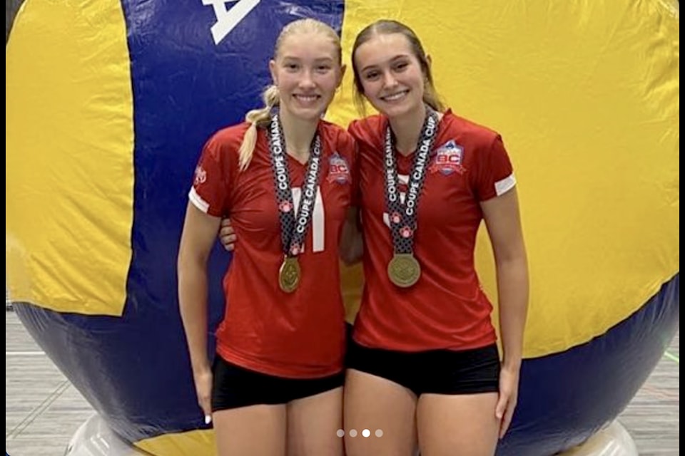Mia Molnar, on left, and Felicia Smith pose with their gold medals after the Canada Cup on July 28. The two Kootenay athletes were selected to play for the team at a training camp earlier in the summer