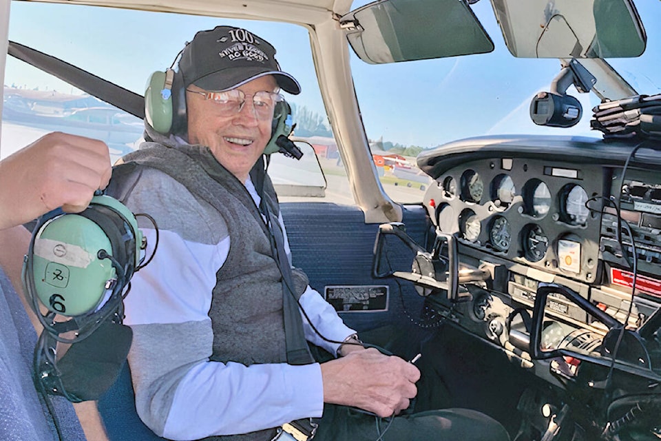 Adventurous senior Walter Martens took his first flying lesson as a 101st birthday present, taking off from the Langley airport on Saturday, Sept. 25. (Special to Langley Advance Times)