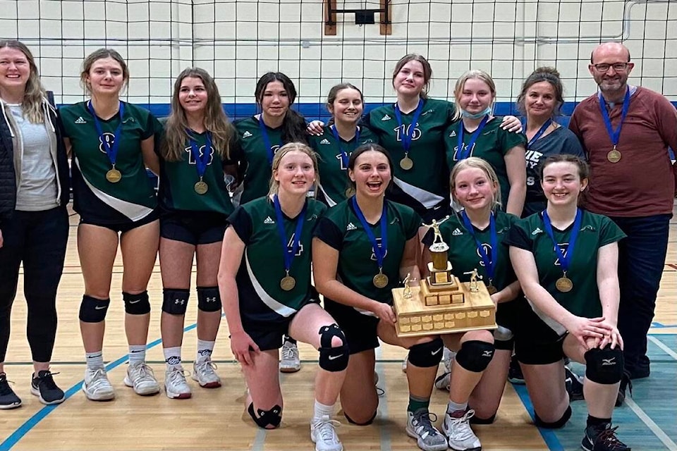 The Fernie Secondary School Falcons, a Junior Girls volleyball team, went undefeated in the 2021 Regional East Kootenay Zone Championships. Back Row, from left: Cari Munro, Summer Musschoot, Grace Sims, Nicola Jones, Camilla Gonzalez, Sage Ivany, Saidee Shaw, Cathy Davies, Dan Demmings. Front Row, from left: Ashley Demmings, Ruby Staples, Stevie Frisen, Sierra Uphill. (Courtesy of Cathy Davies)