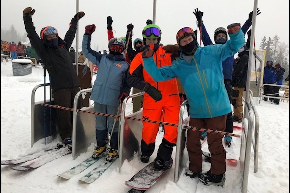 Excitement was in the air as the first skiers of the 2021 season at the Fernie Alpine Resort prepared for the launch of the first lift on Saturday, Dec. 11, 2021. From left: Jeff Johnson, Will Johnson, Ross Frazier, Greg ‘G-Money’ Barrow. Behind Barrow is Rick Leeks. (Joshua Fischlin/The Free Press)