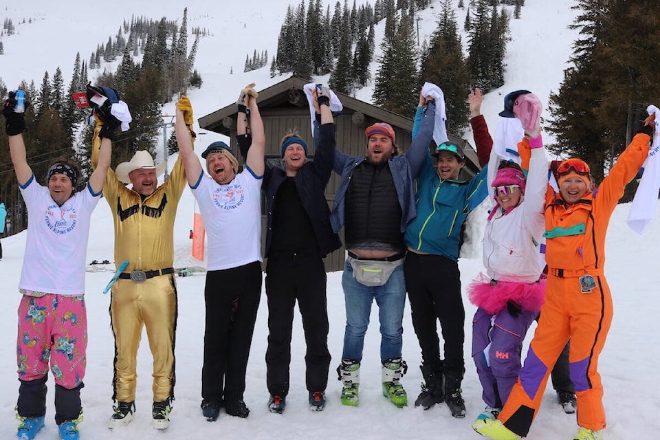 Competitors in the Ski Ballet which took place near the top of the Elk Chair on April 2, 2022, the day of the Fernie Alpine Resort’s 60th anniversary celebrations. Left to right: Guilaume Hinse, Paul Stutz (winner), Jean Francois Helie, Kyle Pollock, Trevor McArthur, Ross Frazier, Marielle Flottat, Kelly McEwen. (Joshua Fischlin/The Free Press)