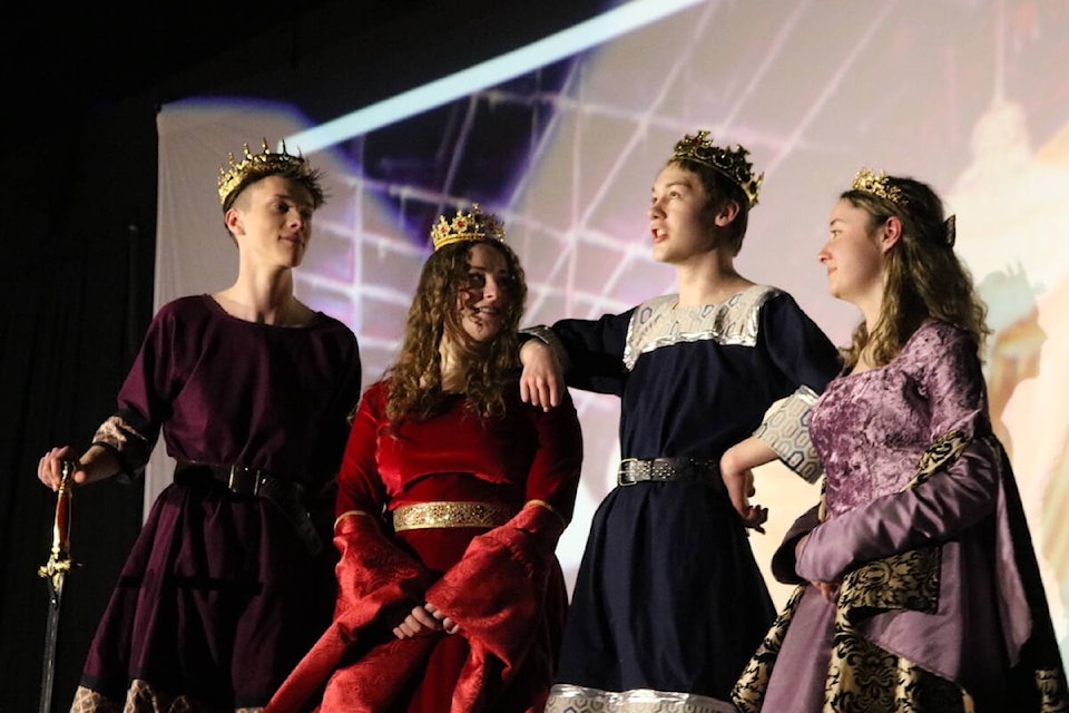 Sparwood Secondary School put on an adaptation of The Chronicles of Narnia called ‘Lucy and the Lion’ from May 10 to 13, 2022. From left: Ethan Bruce as King Peter, Kellie Oler as Queen Susan, Elijah Froehler as King Edmund, and Ava Anderson as Queen Lucy. (Joshua Fischlin/The Free Press)