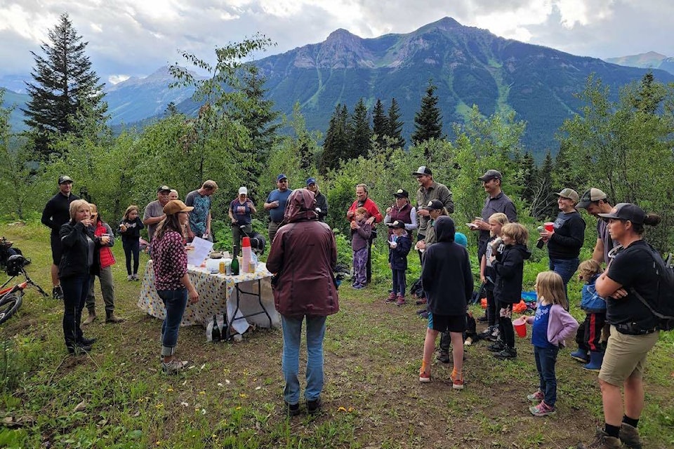 About 30 people gathered on the evening of July 18, 2022, in Elkford to celebrate the official opening of the Elkford Trails Alliance’s first trail. (Courtesy of Colin Standish)