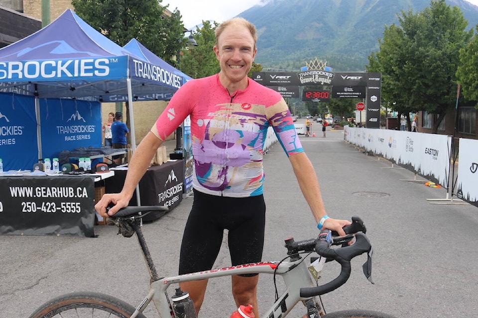 Rob Britton placed first in the Elite/Pro Male category of the inaugural TransRockies Gravel Royale race that concluded in Fernie on Aug. 25, 2022. (Joshua Fischlin/The Free Press)