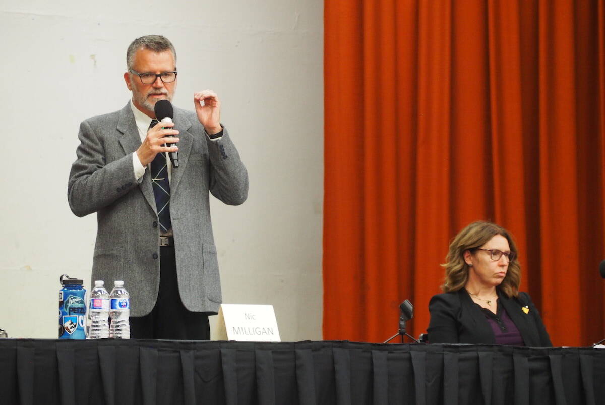 Mayor candidate Nic Milligan talking at the forum. (Scott Tibballs / The Free Press)