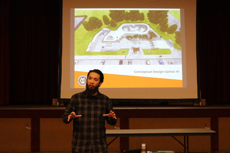 Rob Eng, design project manager with Newline Skateparks, gives a presentation on concept design options for the redevelopment of the Fernie skatepark at a workshop on Nov. 3, 2022. (Joshua Fischlin/The Free Press)