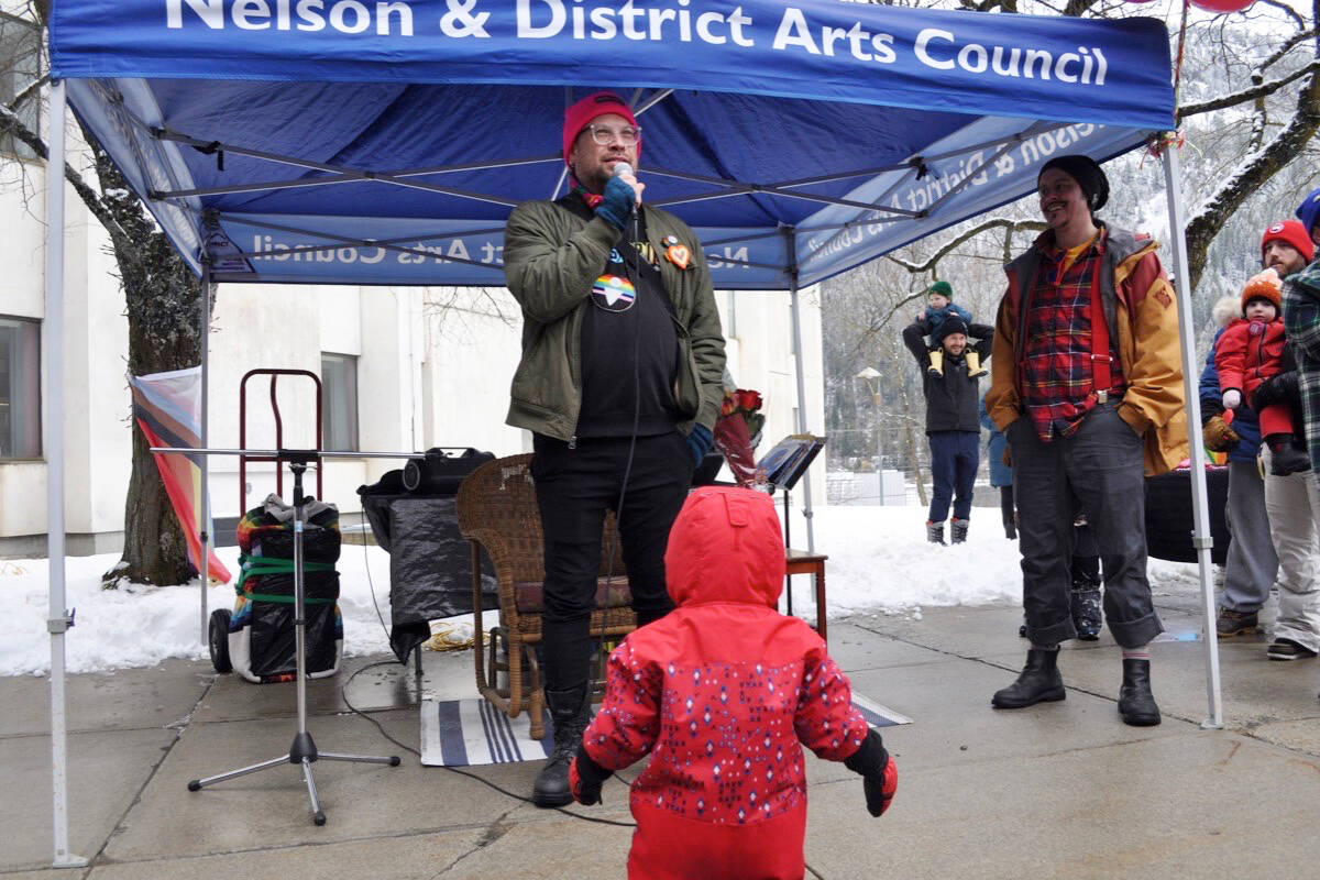 School District 8s district indigenization co-ordinator Jesse Halton speaks to the crowd. Photo: Tyler Harper