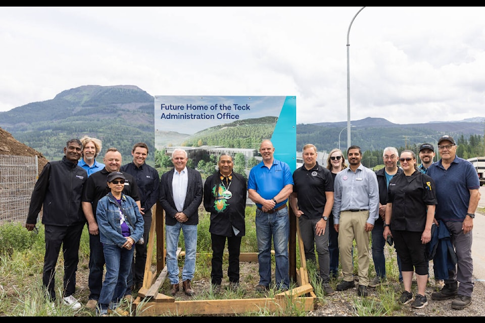 Stakeholders gathered at the proposed site of the zero carbon office building on June 10 for an official unveiling of its design and layout. From left, in back, is Sparwood councillor Chris Nand, Teck social responsibilities manager Rory O’Connor, Teck vice president of projects and operations Richard Whittington, MP of Kootenay Columbia Rob Morrison, Yaq̓it ʔa·knuqⱡiʾit – Tobacco Plains Band councillor Kyle Shottanana, Sparwood mayor David Wilks, Teck vice president of operations Don Sander, District of Sparwood CAO Michele Schalekamp, Sparwood councillors Sam Atwal and John Baher, District of Sparwood director of planning and development Patrick Sorfleet and Socio-Community & Economic Effects Advisory Committee member Joe Jarina. On the left, in front, is Sparwood councillor Steve Kallies and Socio-Community & Economic Effects Advisory Committee member Rose Sharma and to the right, is Sparwood councillor Amy Cardozo (Photo courtesy of Teck)