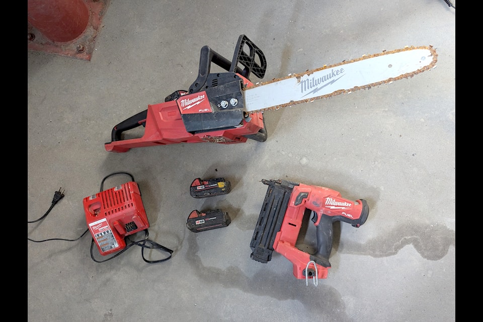 A Milwaukee cordless electric chainsaw, and a brad nailer with a charger and three batteries were among the items recovered by police near Brocket, AB on Oct. 22. RCMP believe the items were stolen from the Sparwood area (Courtesy of Crowsnest Pass RCMP)