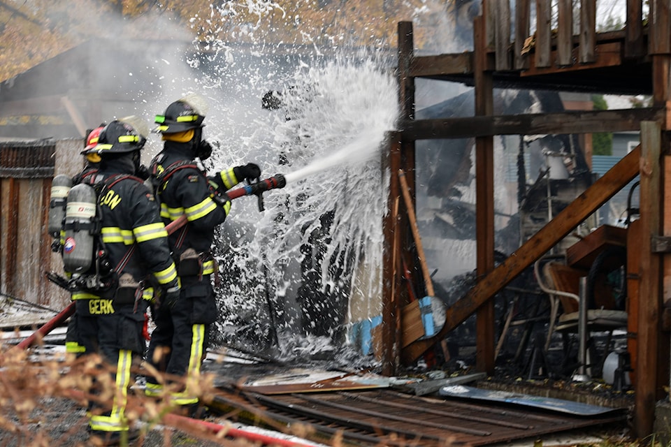 Penticton Fire Department responded to multiple reports of a camper fire near Moosejaw Street and Conklin Avenue Tuesday, Nov. 3, 2020. (Brennan Phillips - Western News) Penticton Fire Department responded to multiple reports of a fire that consumed a camper on Nov. 3. (Brennan Phillips - Western News)