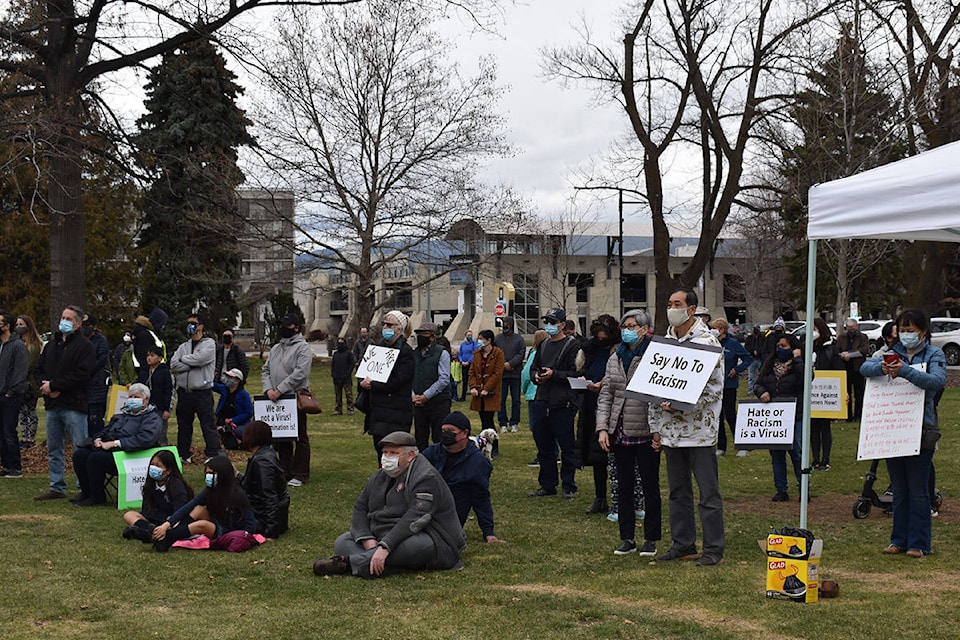 Around 150 people came out to rally against Asian racism at a protest at Gyro Park on Sunday. (Monique Tamminga Western News)