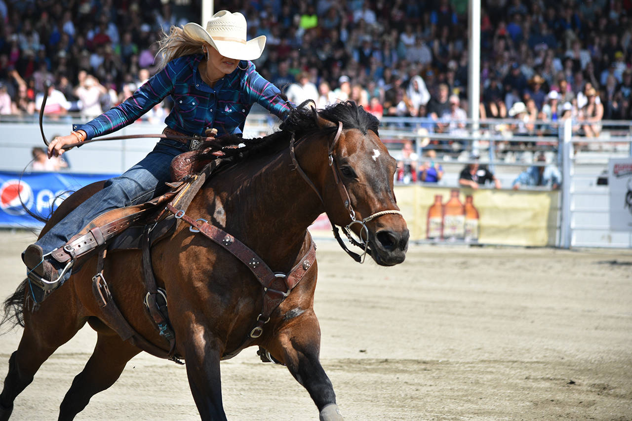 Callahan Crossley heads back from the final barrel during the 2018 Cloverdale Rodeo. (File photo)
