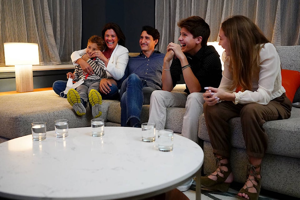 Liberal leader Justin Trudeau watches election results with wife Sophie Gregoire-Trudeau and children, Xavier, Ella-Grace and Hadrien, at Liberal headquarters in Montreal, Monday, Sept. 20, 2021. THE CANADIAN PRESS/Sean Kilpatrick