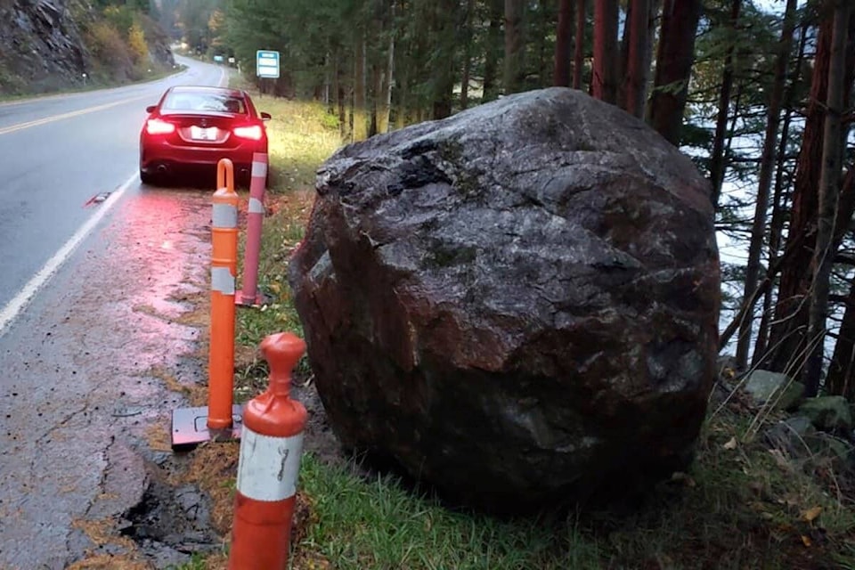 A “Sasquatch Egg” of a boulder came crashing down onto Lougheed Highway near Harrison Mills on Wednesday (Oct. 27). (Photo/Russell Purcell)