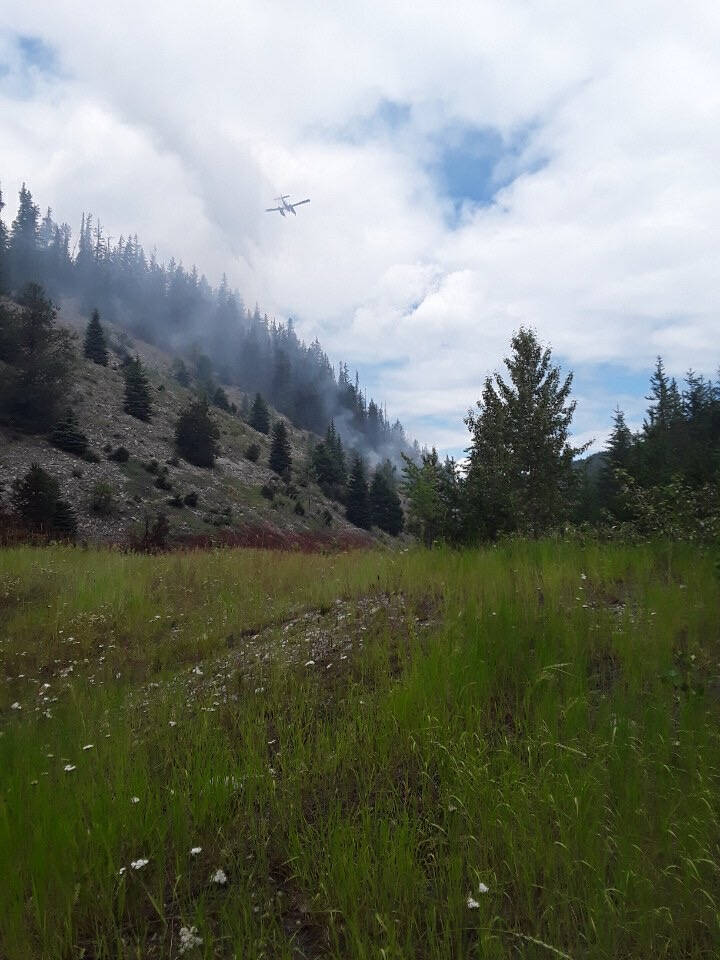 Parks Canada has received air support from the BC Wildfire Service in the battle against the fire. Their water skimmers were dropping water on the wildfire throughout the afternoon. The skimmers landed in Kinbasket Lake to fill their water tanks and proceeded to drop the tanks on the fire. (Contributed by Parks Canada)