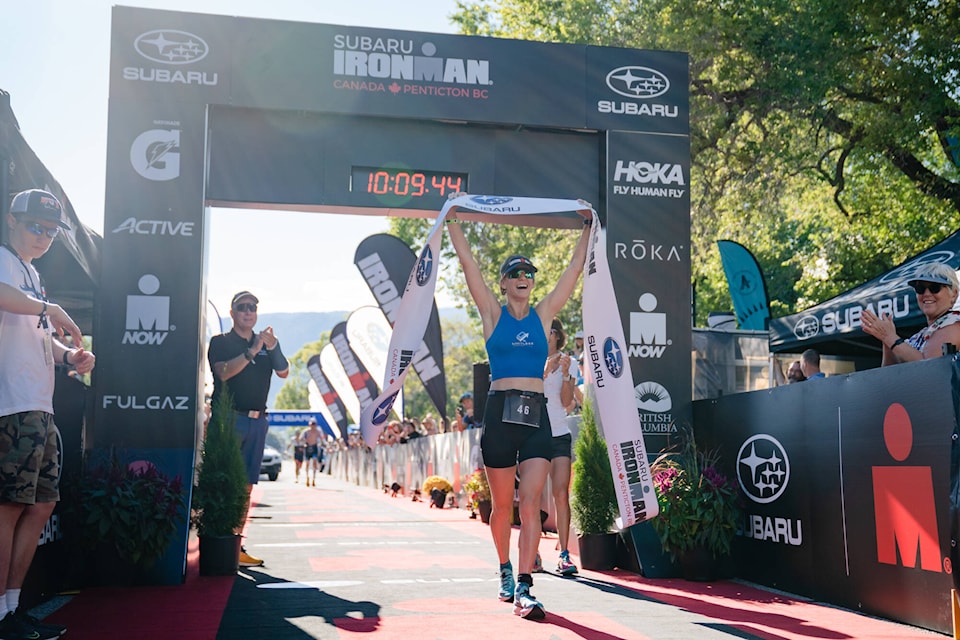 Jessica Cullen of Canada is the overall women’s winner during the IRONMAN Canada on August 28, 2022 in Penticton. (Photo by Jacob Kupferman/Getty Images for IRONMAN)