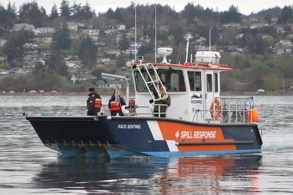 Western Canada Marine Response Corporation conducts a simulated oil spill outside Esquimalt Harbour in spring 2023. The Department of National Defence plans a similar exercise on July 10. (Black Press Media file photo)
