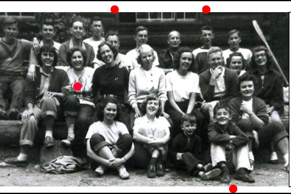 Bruce More doesn’t remember Ken Dimock or Gill Dimock (nee Reay) from his camp days, but here they are together in a 1949 photo from Camp Koolaree. Dots are placed over Bruce More (front row, right) Rev. Bill More, (face partly covered, back left) Ken Dimock, (back right) and Gill Reay (middle).