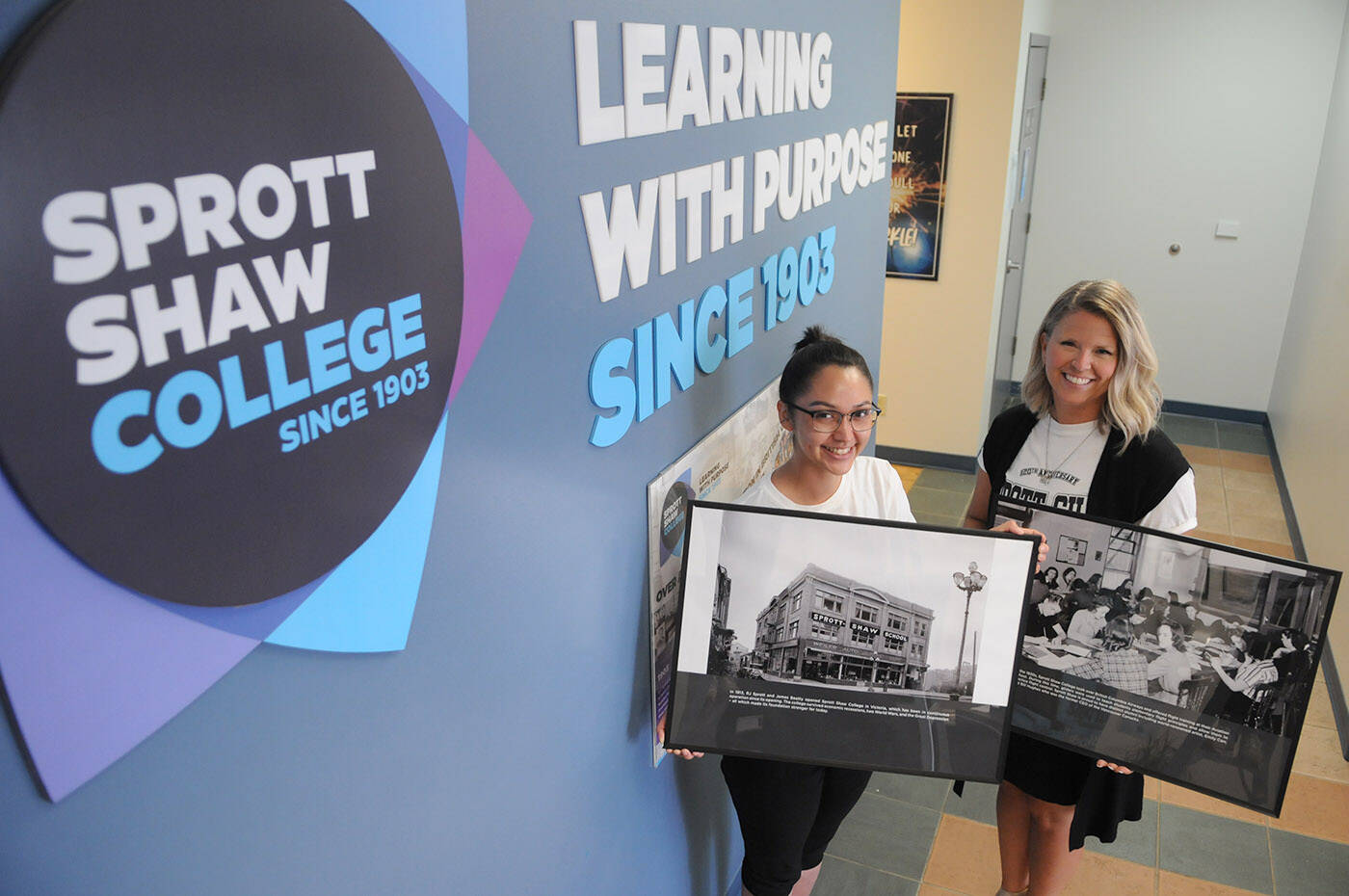 Britni Hannah (right), director of Sprott Shaw College Chilliwack campus, and Marissa Bell, employment services specialist, are inviting people to the schools 120th anniversary celebration on Aug. 17. (Jenna Hauck/ Chilliwack Progress)