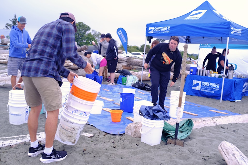 Volunteers set up a triage station at the Esquimalt Lagoon for a beach clean-up on Aug. 11, 2024. Collected litter is sorted into different categories before being discarded. 