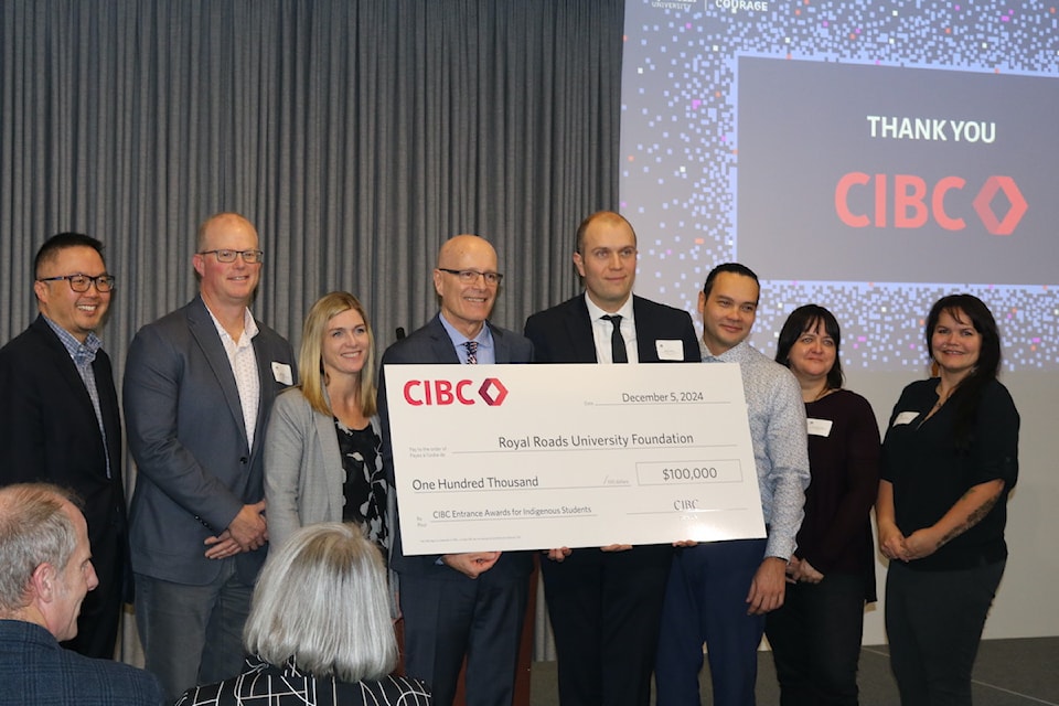 Representatives from Royal Roads University and CIBC celebrate a $100,000 donation from CIBC for new Indigenous students.