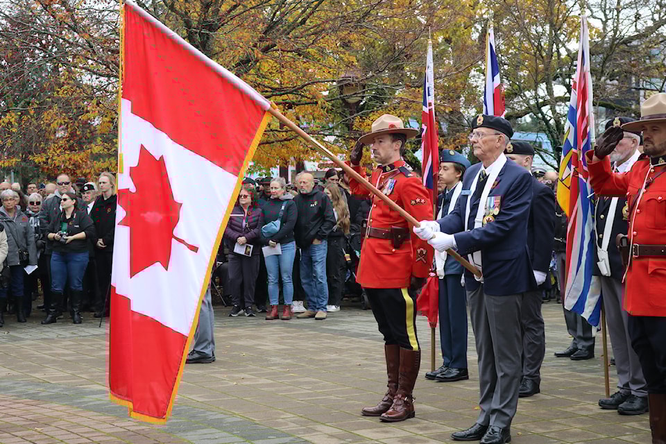 Hundreds gathered at the cenotaph in Veterans Memorial Park for the Remembrance Day service.