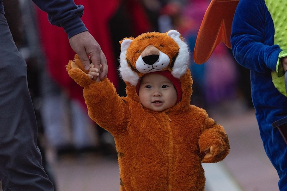Little Luna McLean, one, enjoys dressing up for Halloween for the very first time, showing off her tiger costume at the City of Langford and Langford Fire Rescue’s Treat Street at Langford Station.