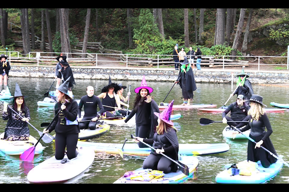 A little organization took time as witches paddled at Thetis Lake during the What’s Up’ Witches Paddle. 