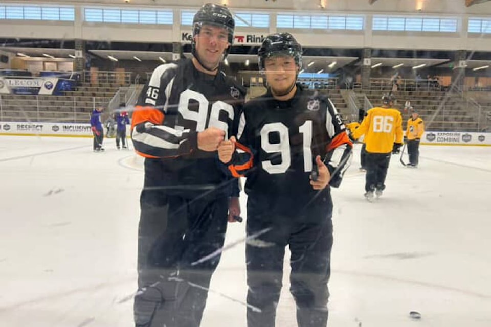 Aiden Small of Langford (left) and Bob Xu of Beijing were among nearly 100 officials who took part in the 2025 NHL Officiating Combine in Buffalo, NY.