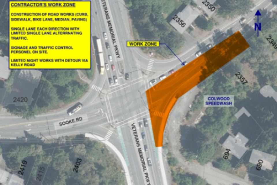 Night work is planned for Wednesday, Aug. 20 and 21 with a detour via Kelly Road to conduct final paving and line painting work at Sooke Road and Veterans Memorial Parkway.