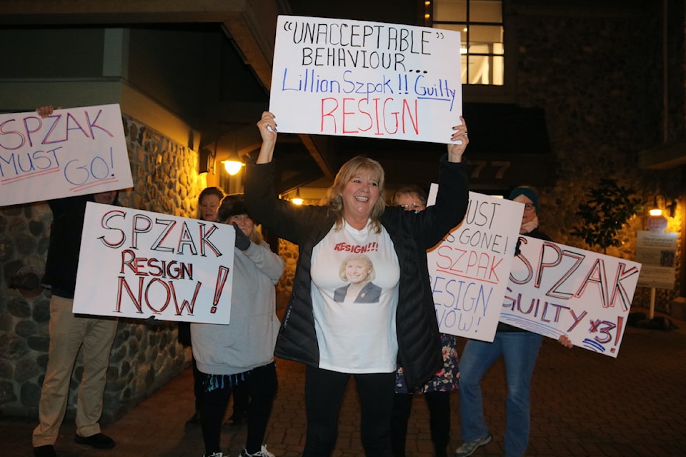 Protestors gathered outside Langford City Hall on Jan. 13 to call for the resignation of Coun. Lillian Szpak.